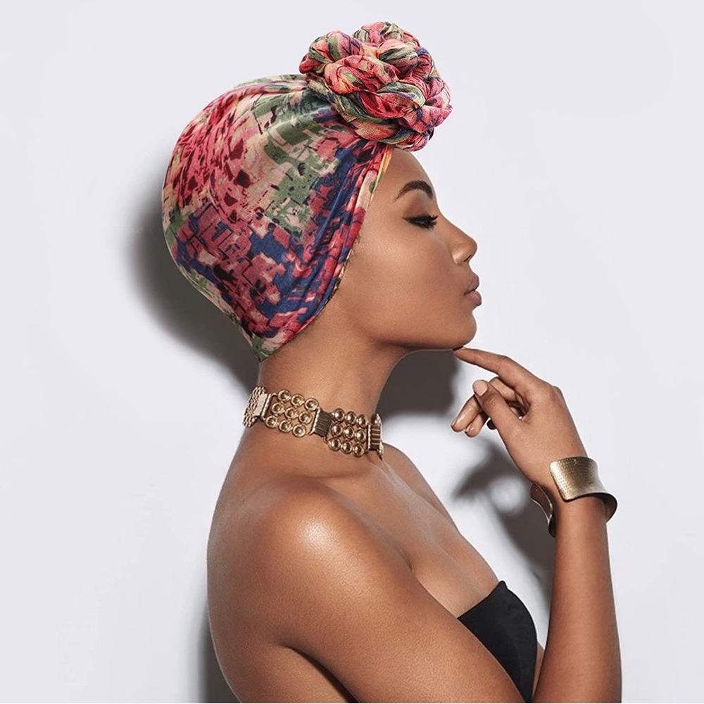 Pink Flower Print Turban Head Wraps